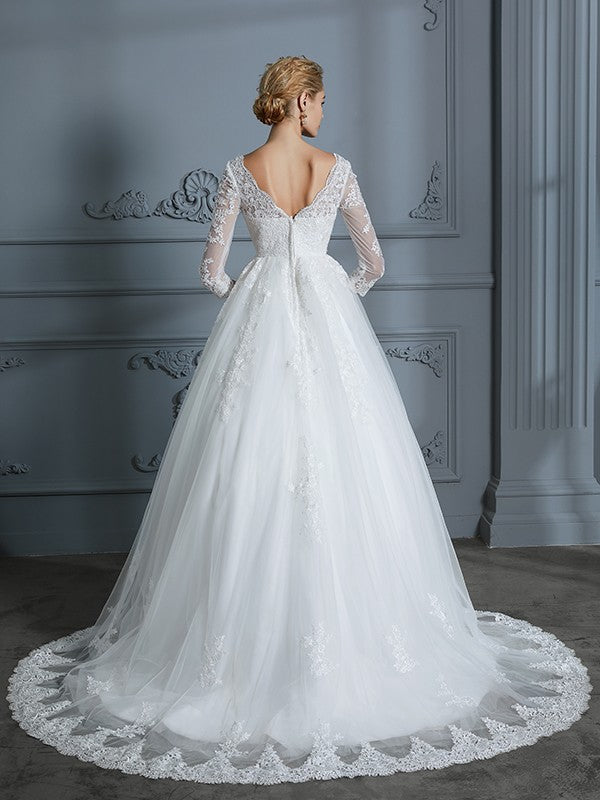 Ball Gown V-neck 3/4 Sleeves Court Train Lace Tulle Wedding Dresses
