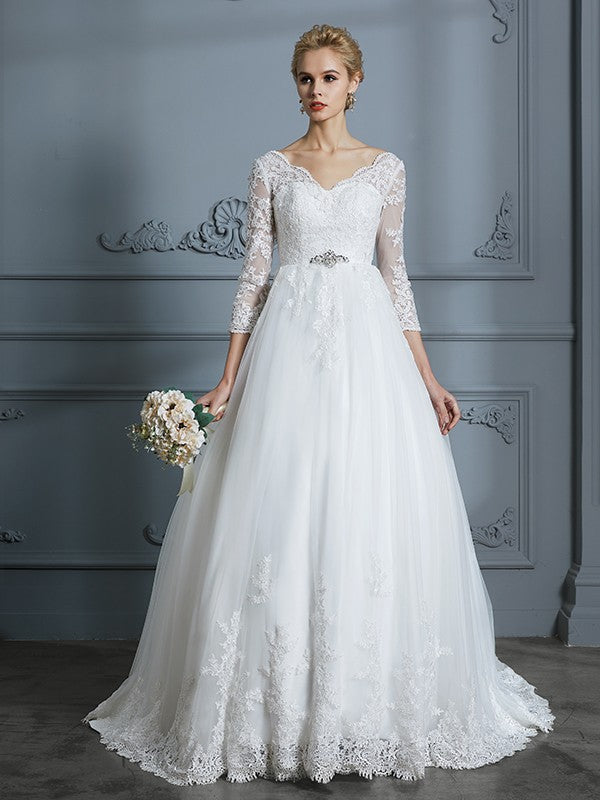 Ball Gown V-neck 3/4 Sleeves Court Train Lace Tulle Wedding Dresses