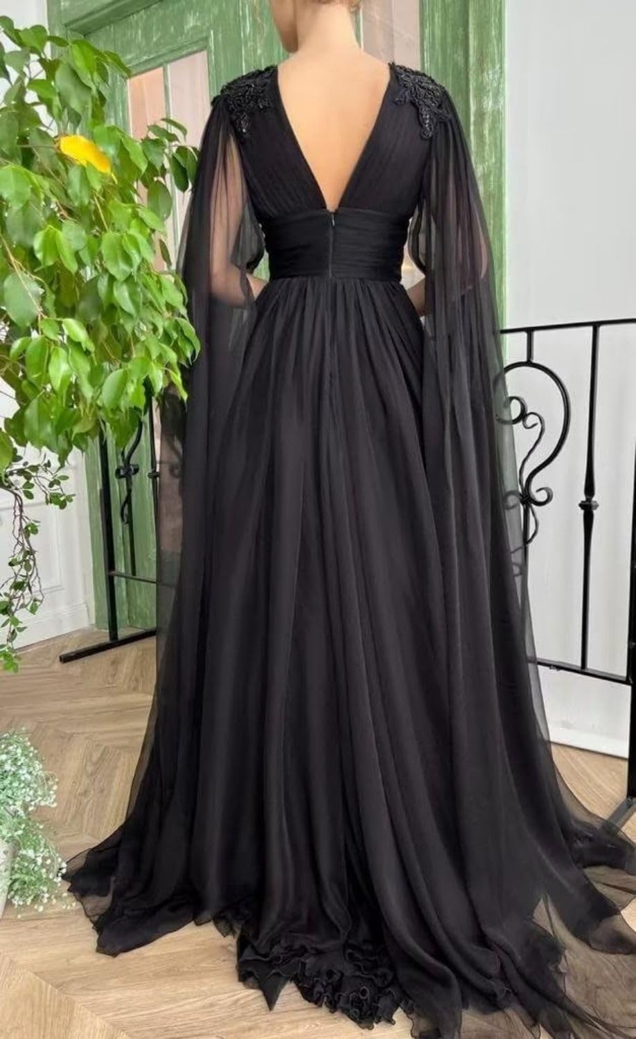 A-Line Evening Gown Black Dress Plus Size Formal Masquerade Court Train Long Sleeve V Neck Wednesday Addams Family Chiffon with Buttons Slit Appliques 2025