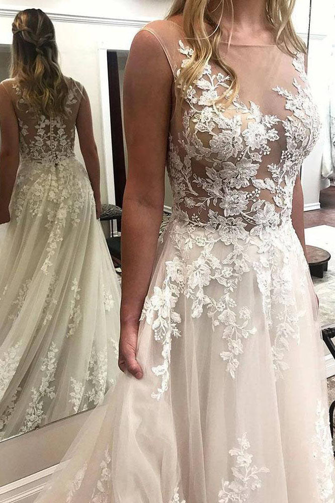 Long Lace Appliqued A-line White Wedding Dress with Court Train