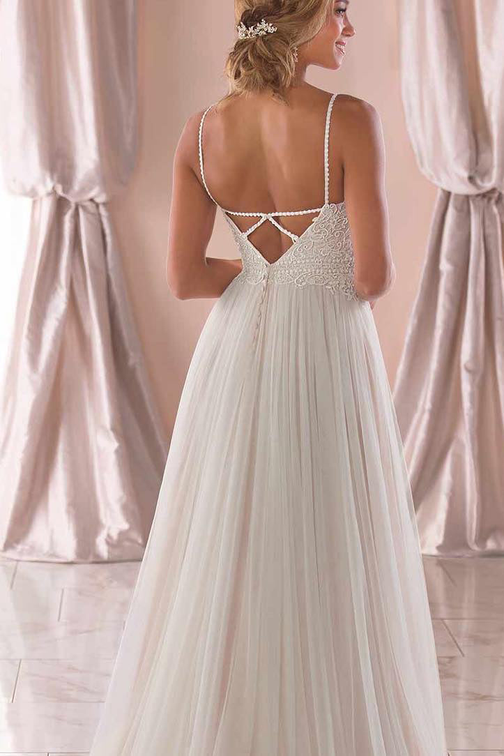 Long A-Line Spaghetti Straps White Wedding Dress with Lace Top