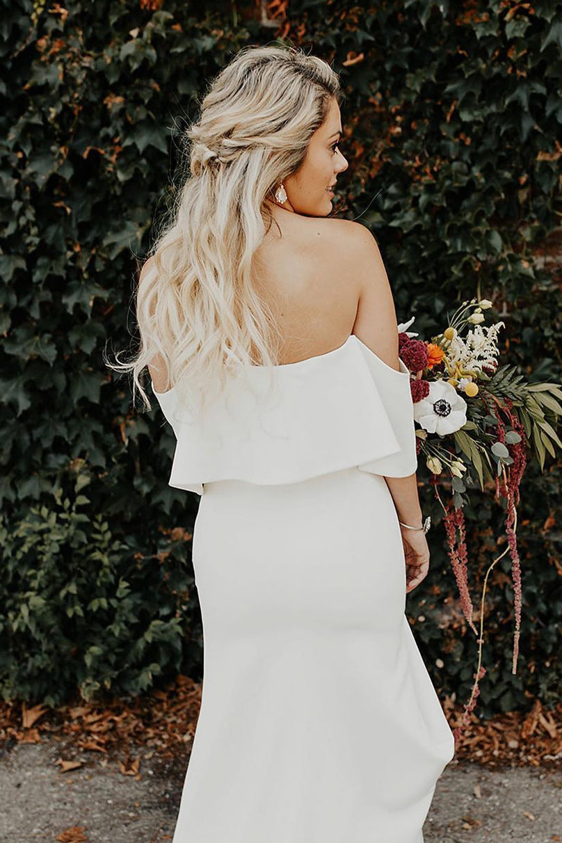 Long Mermaid Off the Shoulder Ivory Wedding Dress with Slit