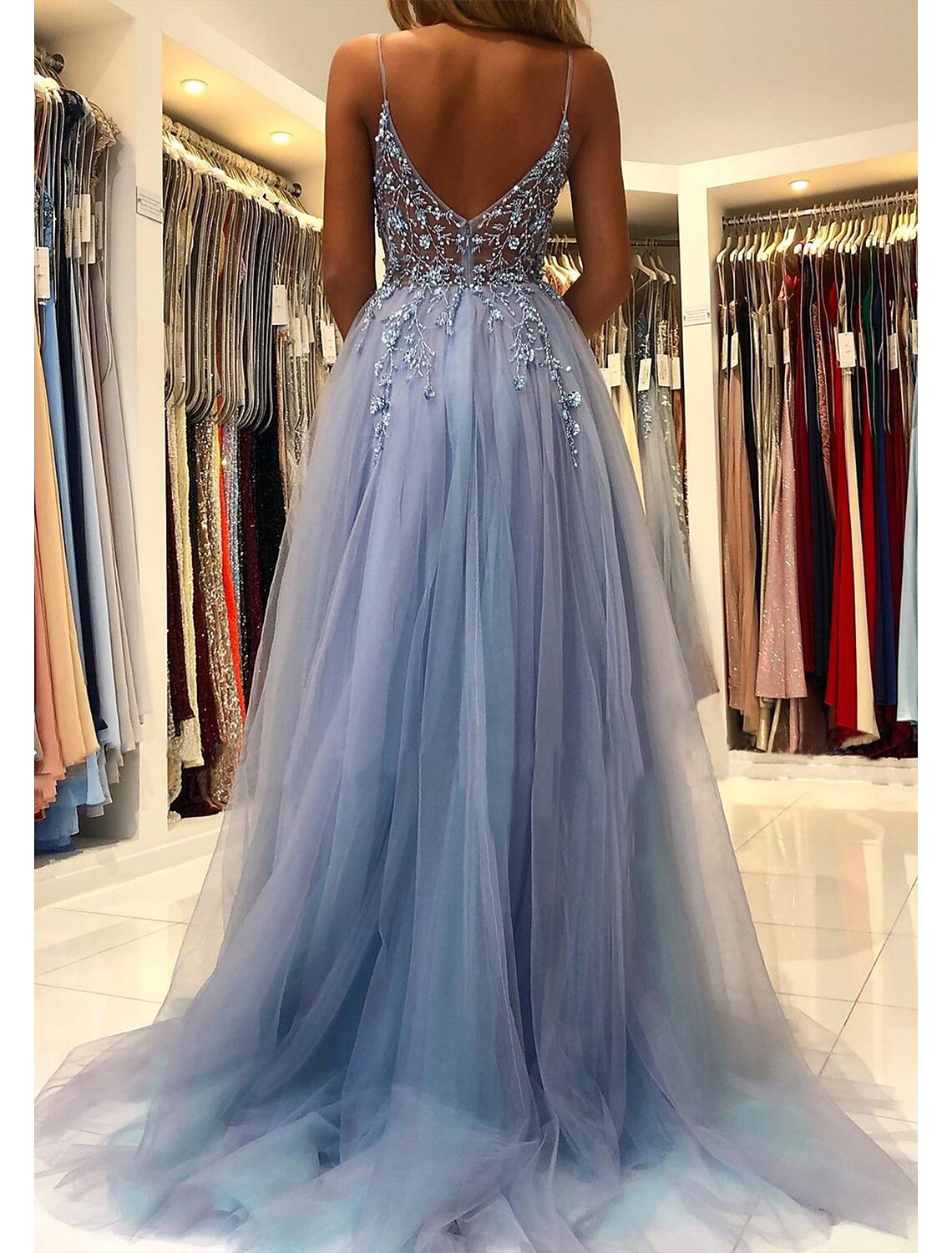 Aimishang A-Line Prom Dresses Evening Gowns Dress Formal Wear Dresses Wedding Guest Court Train Sleeveless V Neck Tulle with Beading