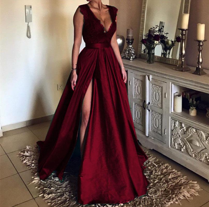 Modest Lace Cap Sleeves V-neck Long Leg Split Satin Prom Dresses 2019