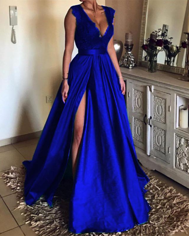 Modest Lace Cap Sleeves V-neck Long Leg Split Satin Prom Dresses 2019