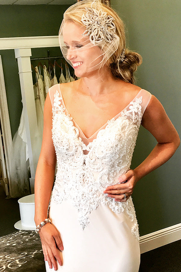 Long Sheath V-Neck Ivory Wedding Dress with Lace