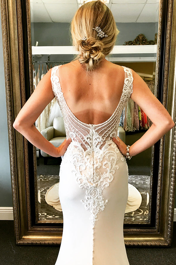 Long Sheath V-Neck Ivory Wedding Dress with Lace