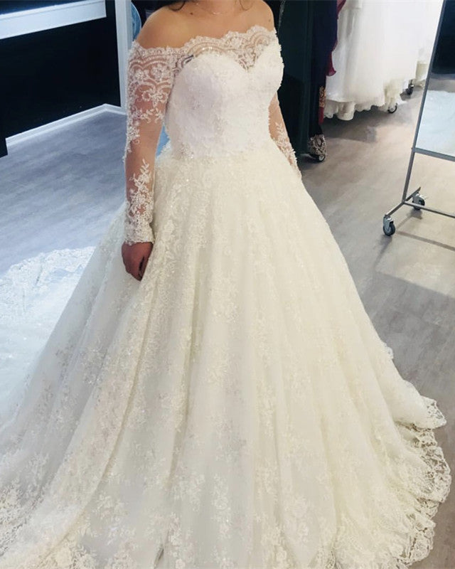 Off Shoulder Sheer Long Sleeves Lace Wedding Dresses 2019