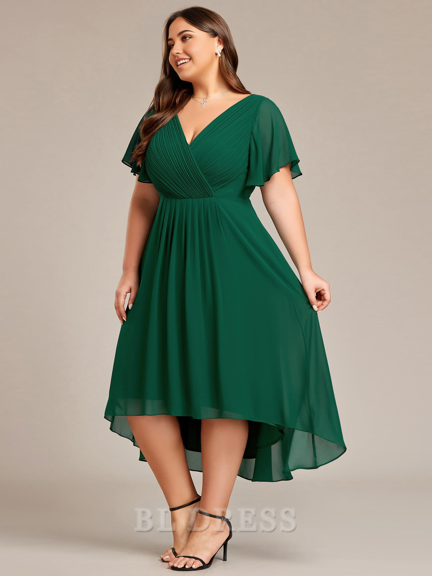 Plus Size A Line V Neck Chiffon Short Sleeves Knee Length formal dresses Bridesmaid Dresses evening gown Prom Dress
