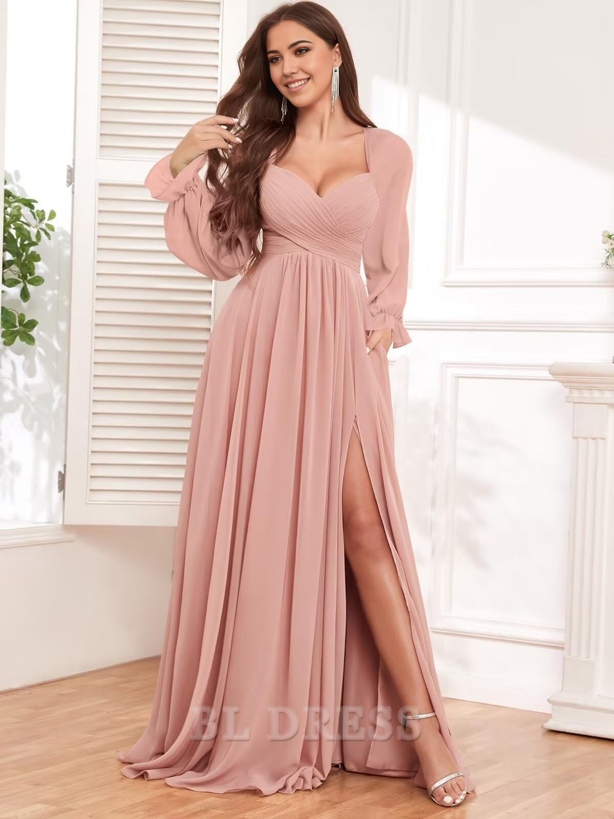 A-line Chiffon Long Sleeve Pleated formal dresses Bridesmaid Dresses evening gown Prom Dress with Slit