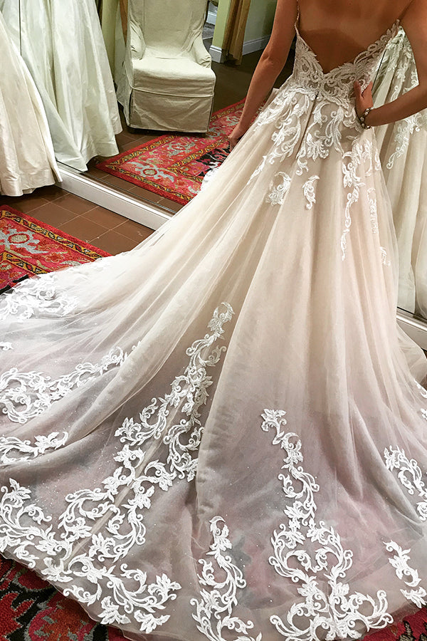 Long A-line Spaghetti Strap Ivory Bridal Dress with White Lace