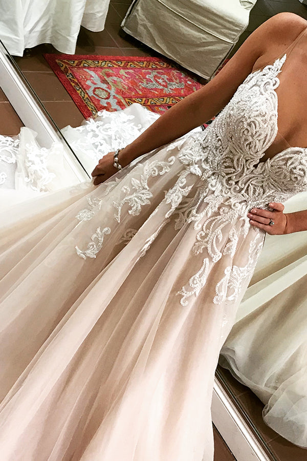 Long A-line Spaghetti Strap Ivory Bridal Dress with White Lace