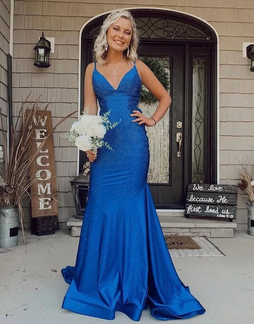 Wholesale Mermaid Glitter Royal Blue Backless Long Prom Dress Evening Dress prom dresses with long sleeves