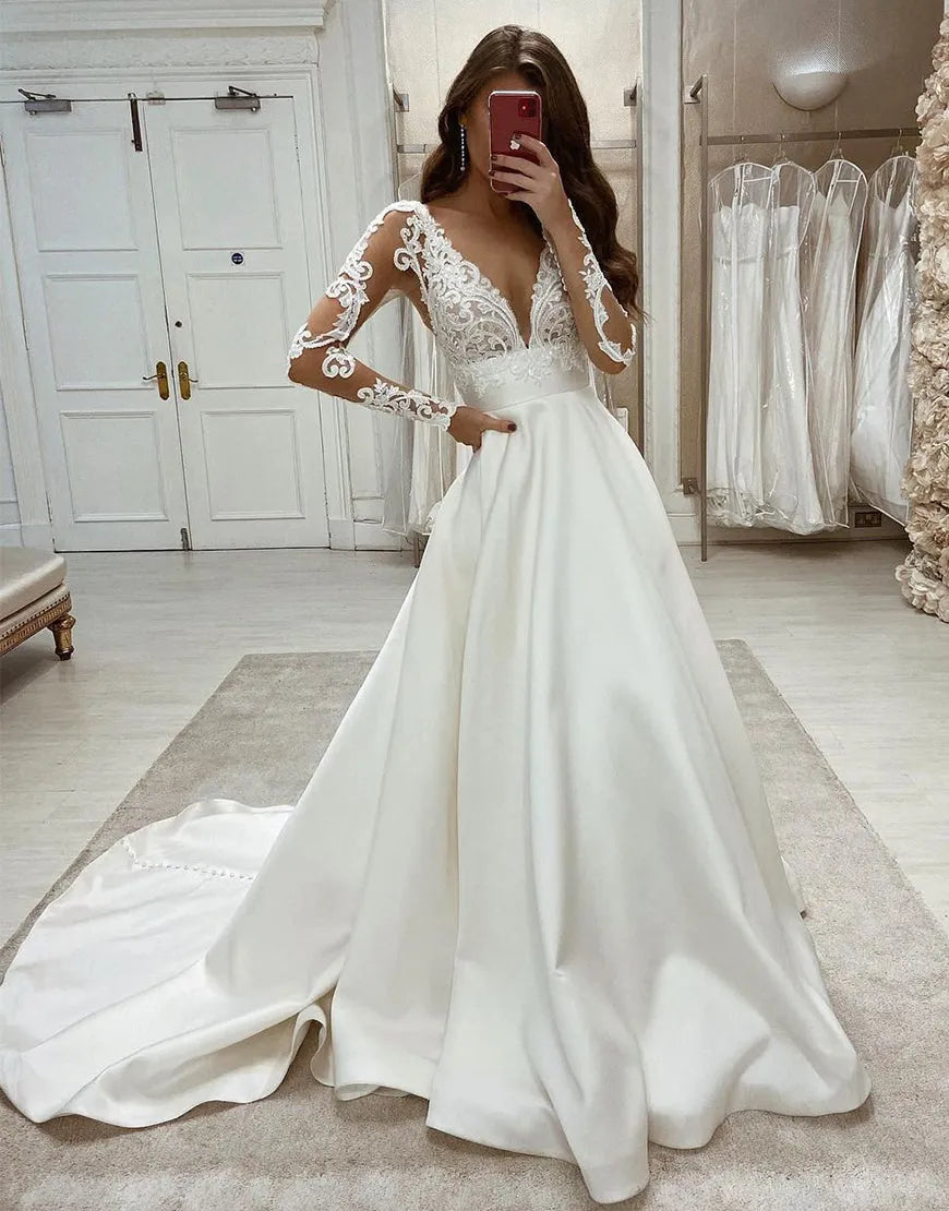 Aimishang Wedding Dress A-Line V Neck Lace Chiffon