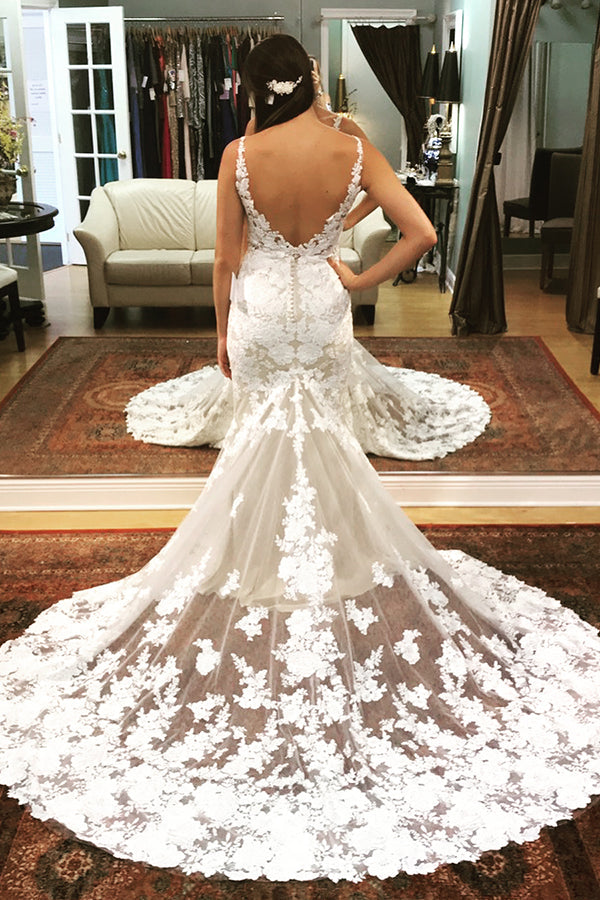 Long Mermaid Open Back Ivory Wedding Dress with White Lace