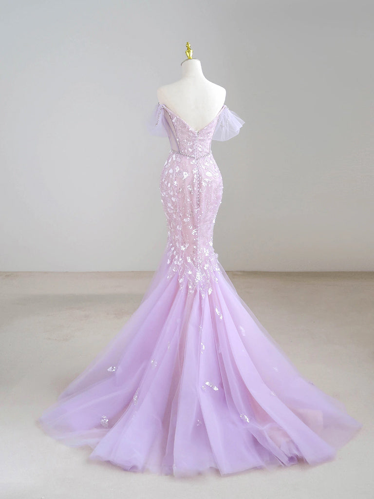 Mermaid V neck Tulle Sequin Purple Long Prom Dress, Purple Long Formal Dress