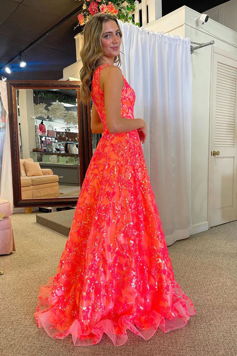 Aimishang A-Line One Shoulder Sequin Lace Long Prom Dresses Floor Length Sparkly Evening Dress