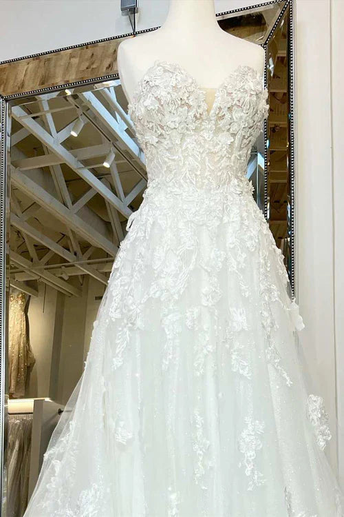 Aimishang Elegant A-Line White Floral Applique Sweetheart Long Wedding Dress with Sweep Train