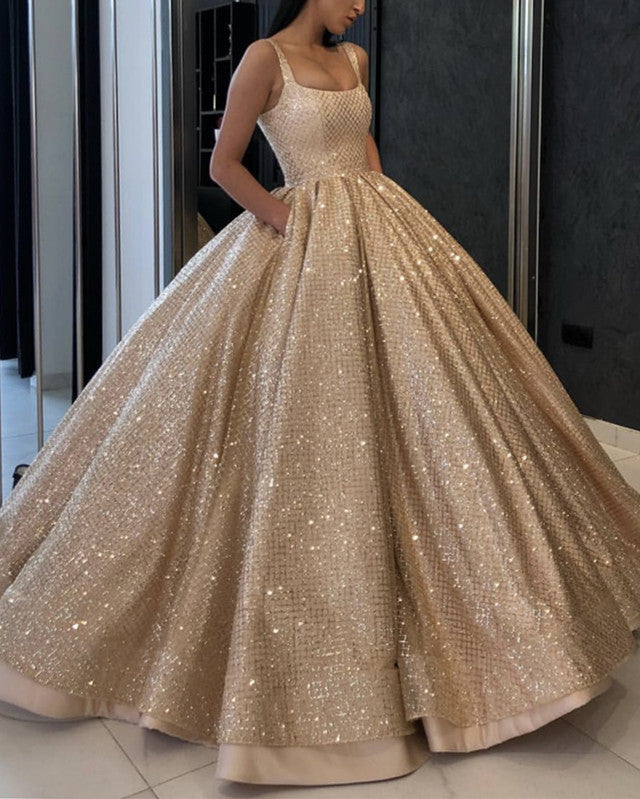 Bling Bling Gold Sequins Satin Ball Gown Wedding Dresses