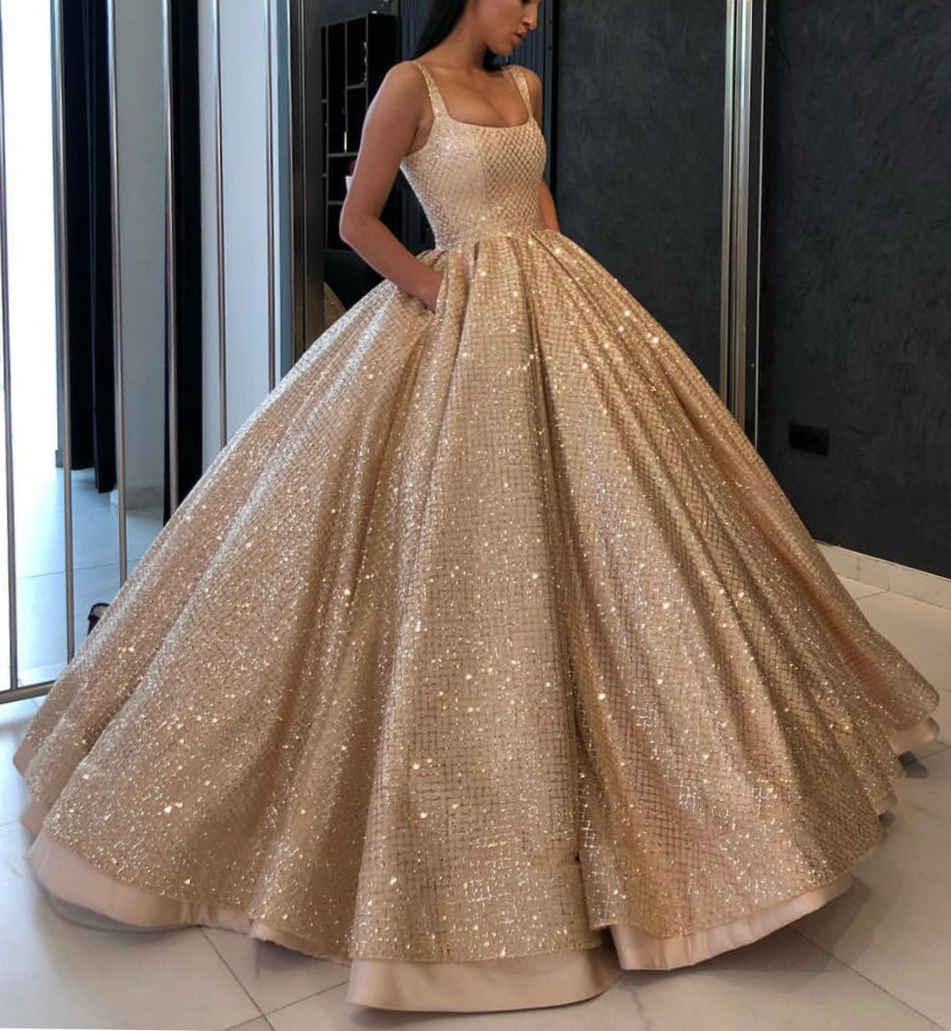 Bling Bling Gold Sequins Satin Ball Gown Wedding Dresses