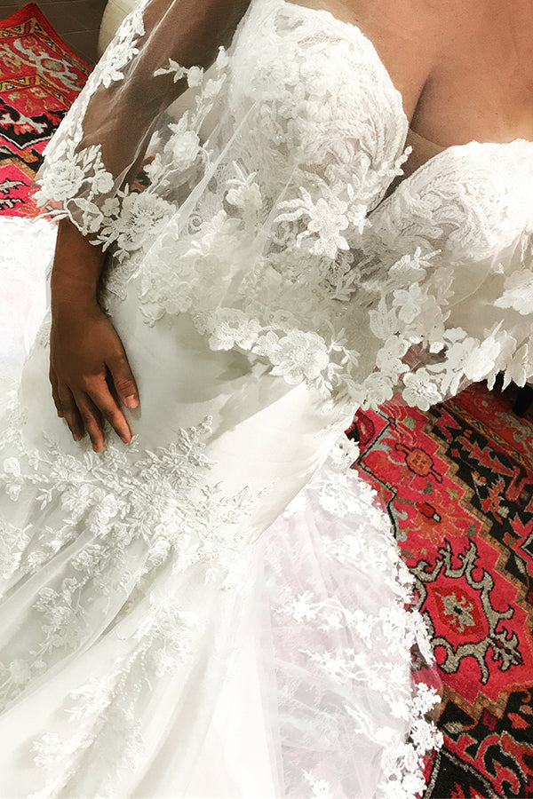 Long Mermaid Off Shoulder White Wedding Dress with Lace