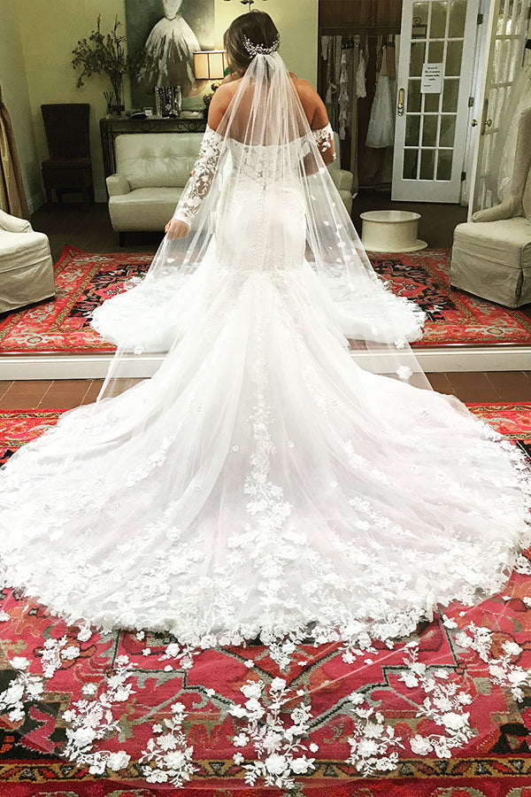 Long Mermaid Off Shoulder White Wedding Dress with Lace