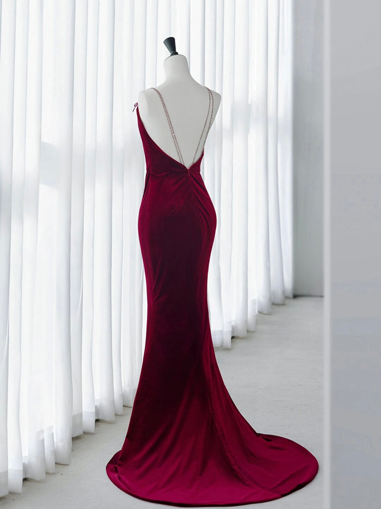 Mermaid Backless Velvet Burgundy Long Prom Dress with Beads