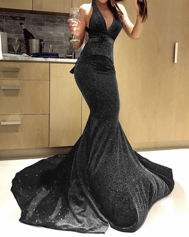 Glitter Mermaid Halter Ruffles Backless Evening Dress