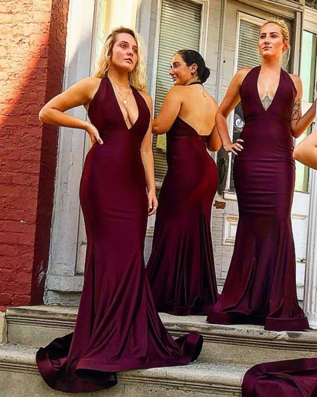 Long Satin Halter Mermaid Bridesmaid Dresses Open Back