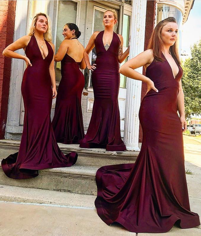 Long Satin Halter Mermaid Bridesmaid Dresses Open Back