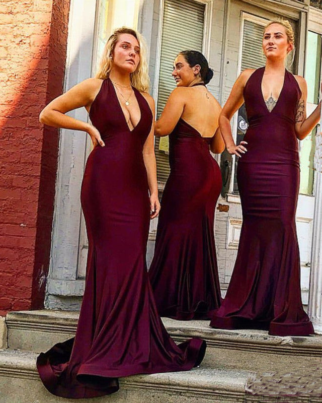 Long Burgundy Bridesmaid Dresses Halter Mermaid Gowns