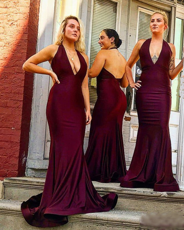 Long Burgundy Bridesmaid Dresses Halter Mermaid Gowns