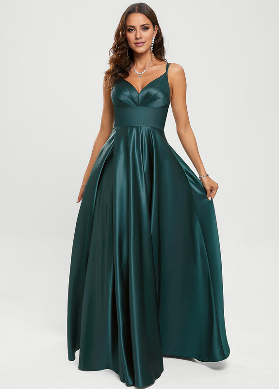 A-line V-neck floor-length satin prom dress