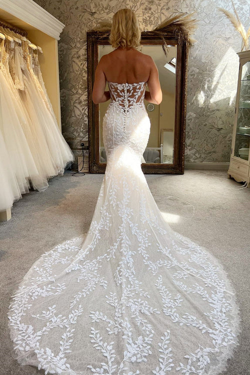 Aimishang Elegant Ivory Lace Strapless Mermaid Long Wedding Dress
