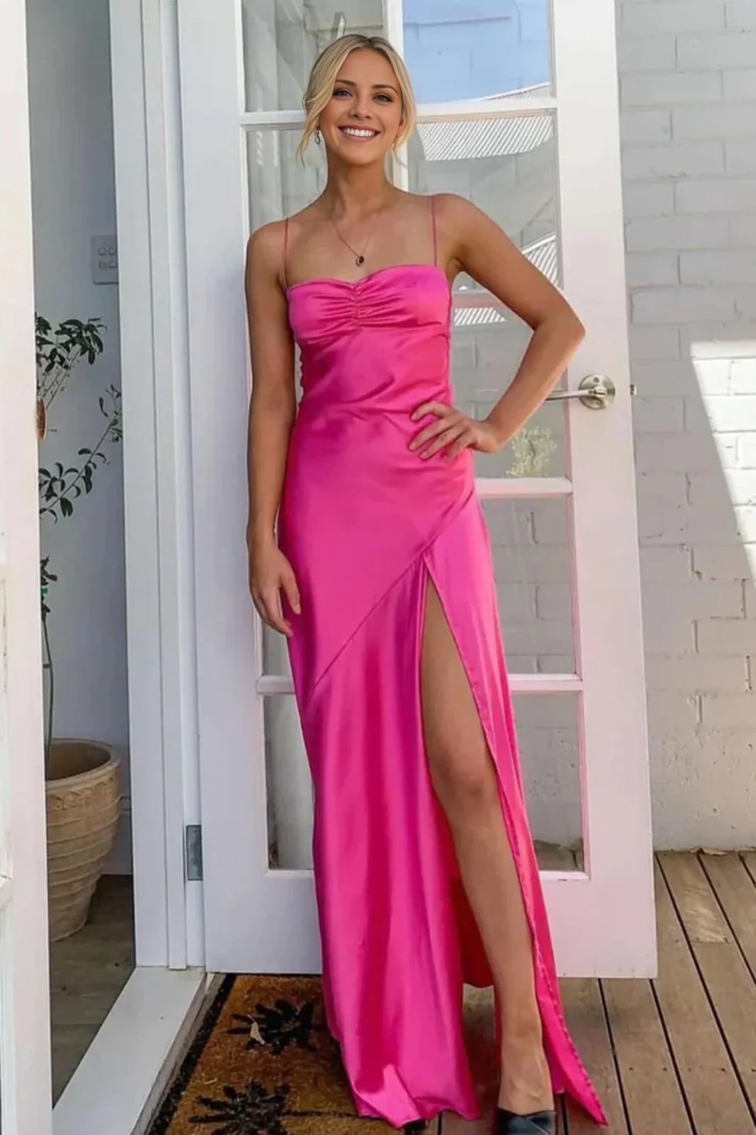 Jimiss minimalist tight thin shoulder strap pink front slit long Prom dress
