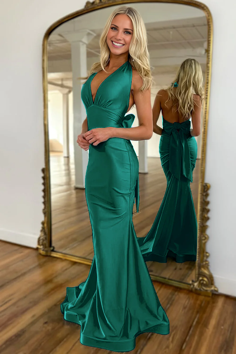 Jimiss mermaid backless long satin bow Prom dress