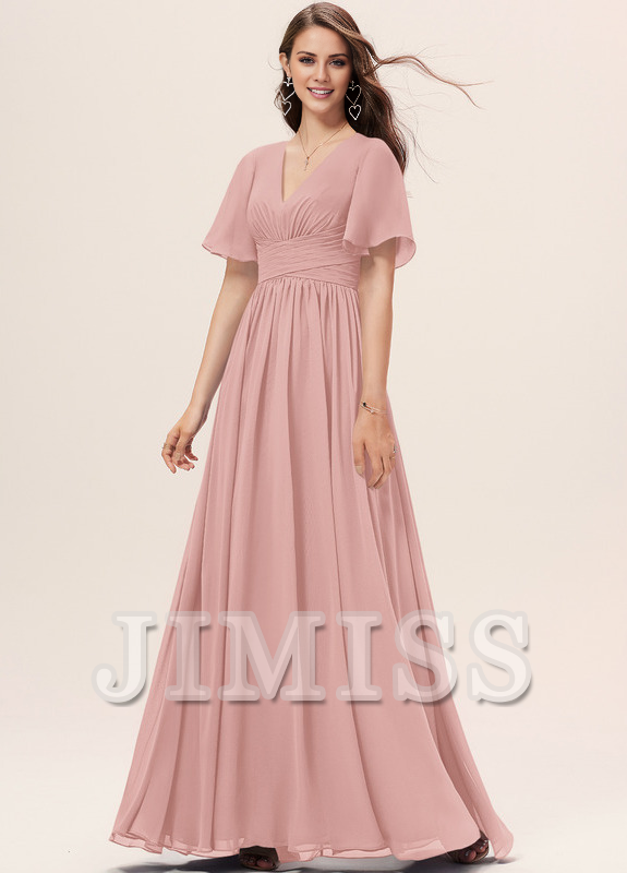 Ruffled A-line V-neck Floor-length Chiffon Bridesmaids Dress