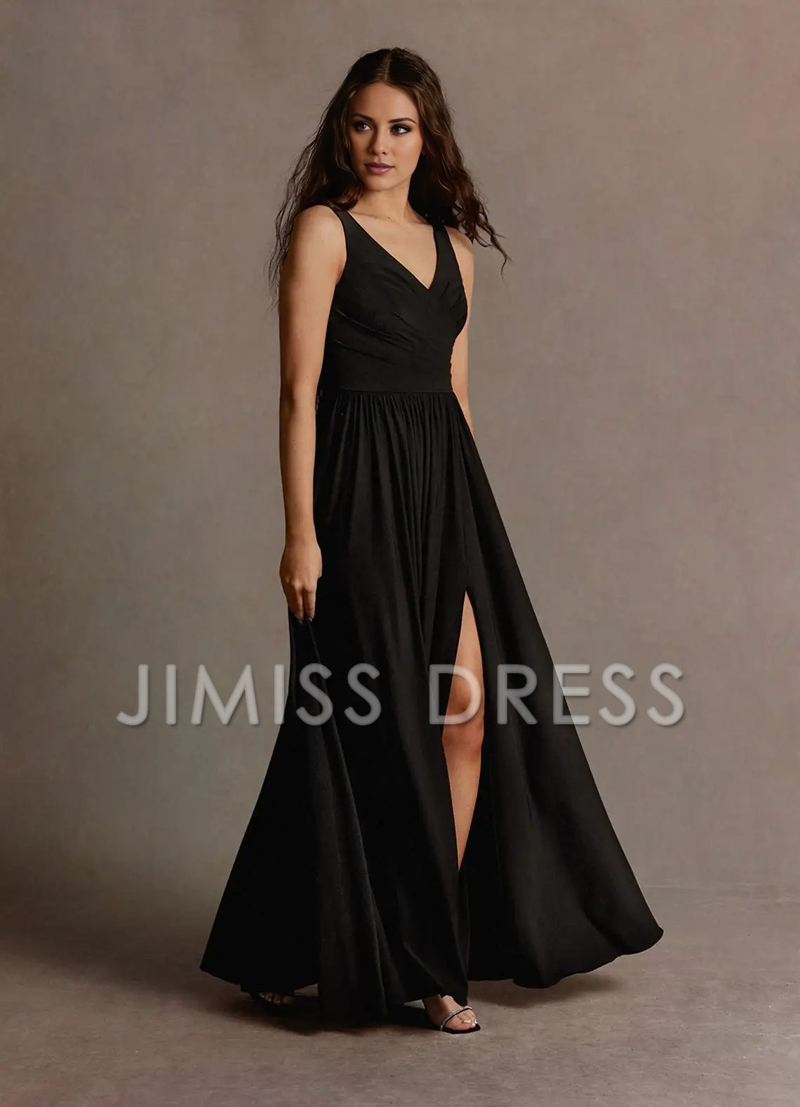 Jimiss slim shoulder strap V-neck side slit and floor length Prom dress