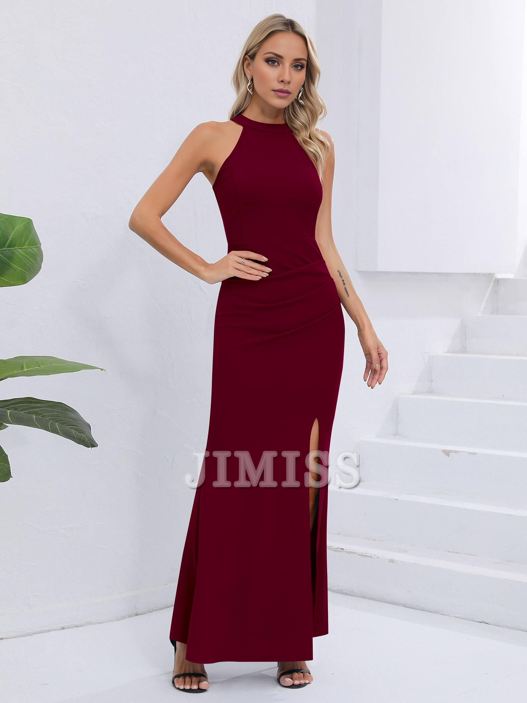 Long party dress with neck hanging sleeveless slit elegant slim fit evening gown