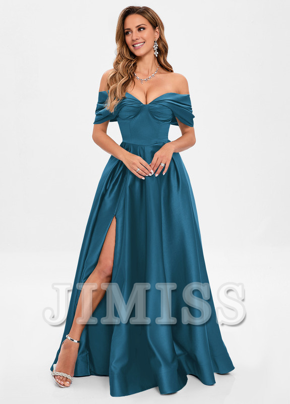 A-line pleated off-the-shoulder floor-length satin prom dress