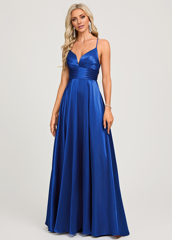 A-line V-neck floor-length pleated satin prom dress