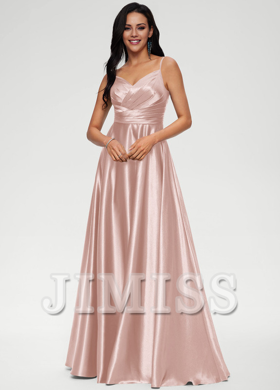 A-line V-neck floor-length satin prom dress