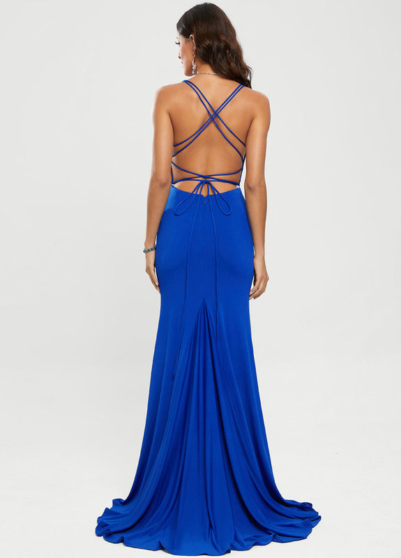 Trumpet/Mermaid V-neck floor-sweeping long prom dress