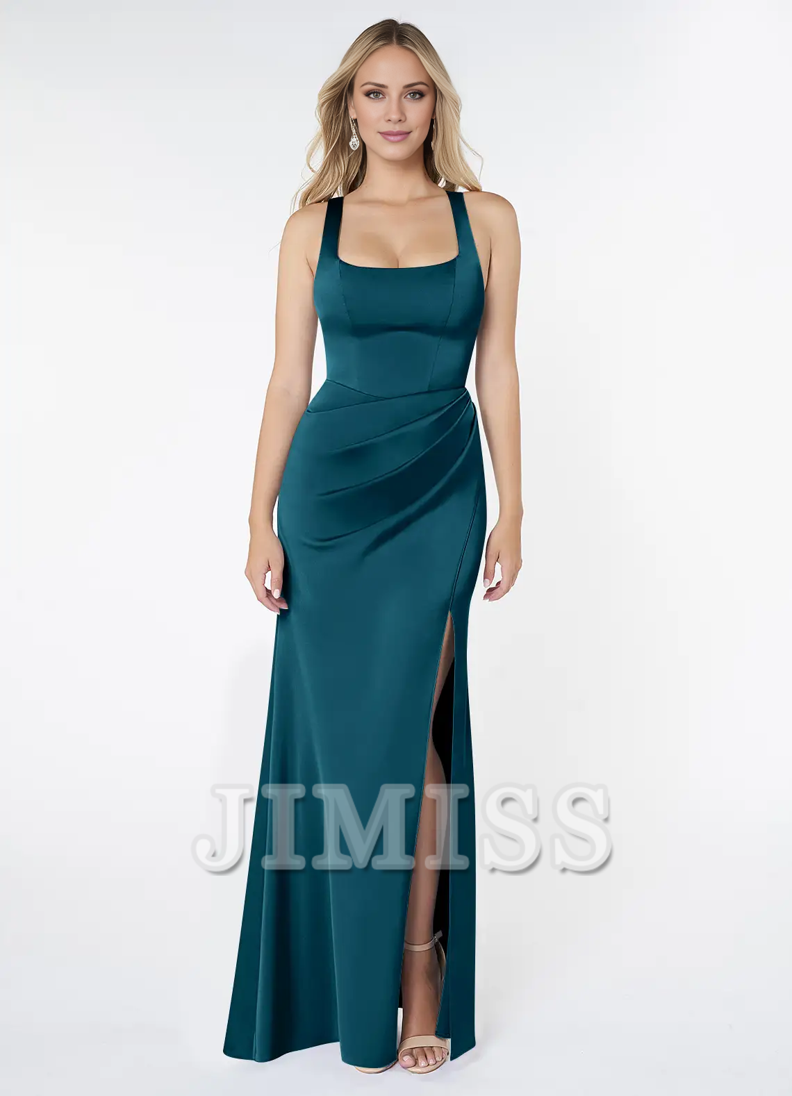 Square Neck Sleeveless Side Split and Floor length Bridesmaid Dress - Jimiss Dress