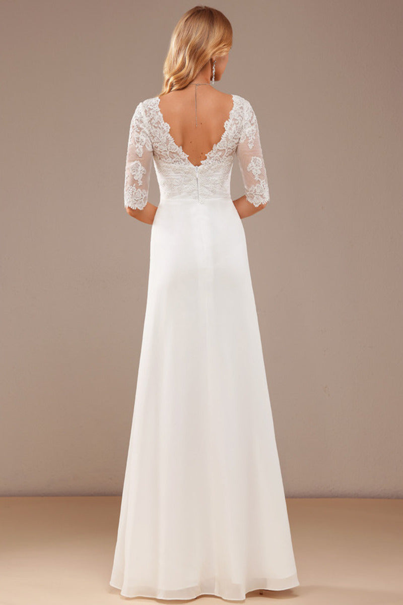 Lotus leaf edge A-line V-neck asymmetrical half sleeved lace chiffon wedding dress