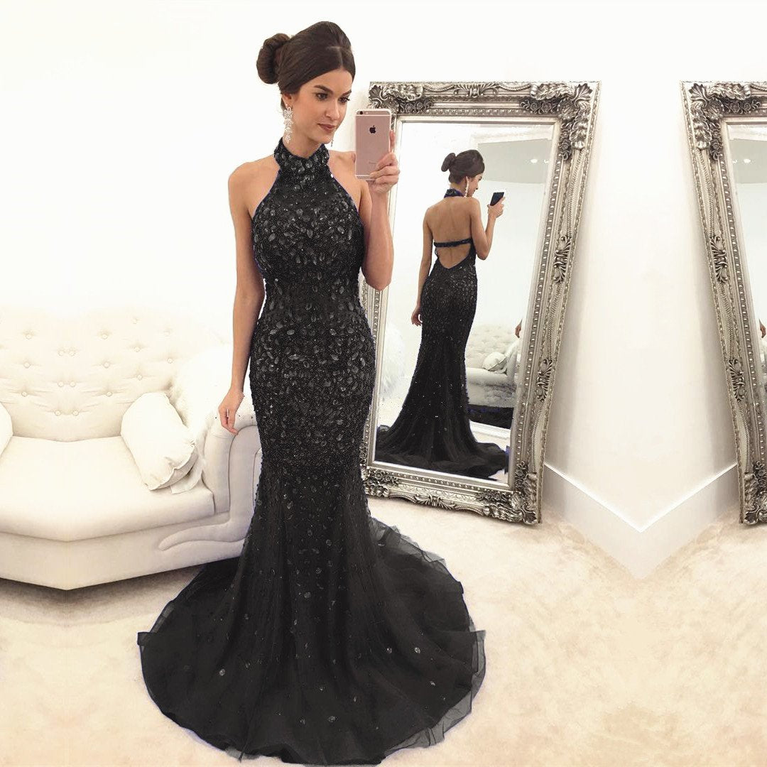 Purple Crystal Beaded Halter Evening Dresses Mermaid 2017 Luxury Prom Gowns