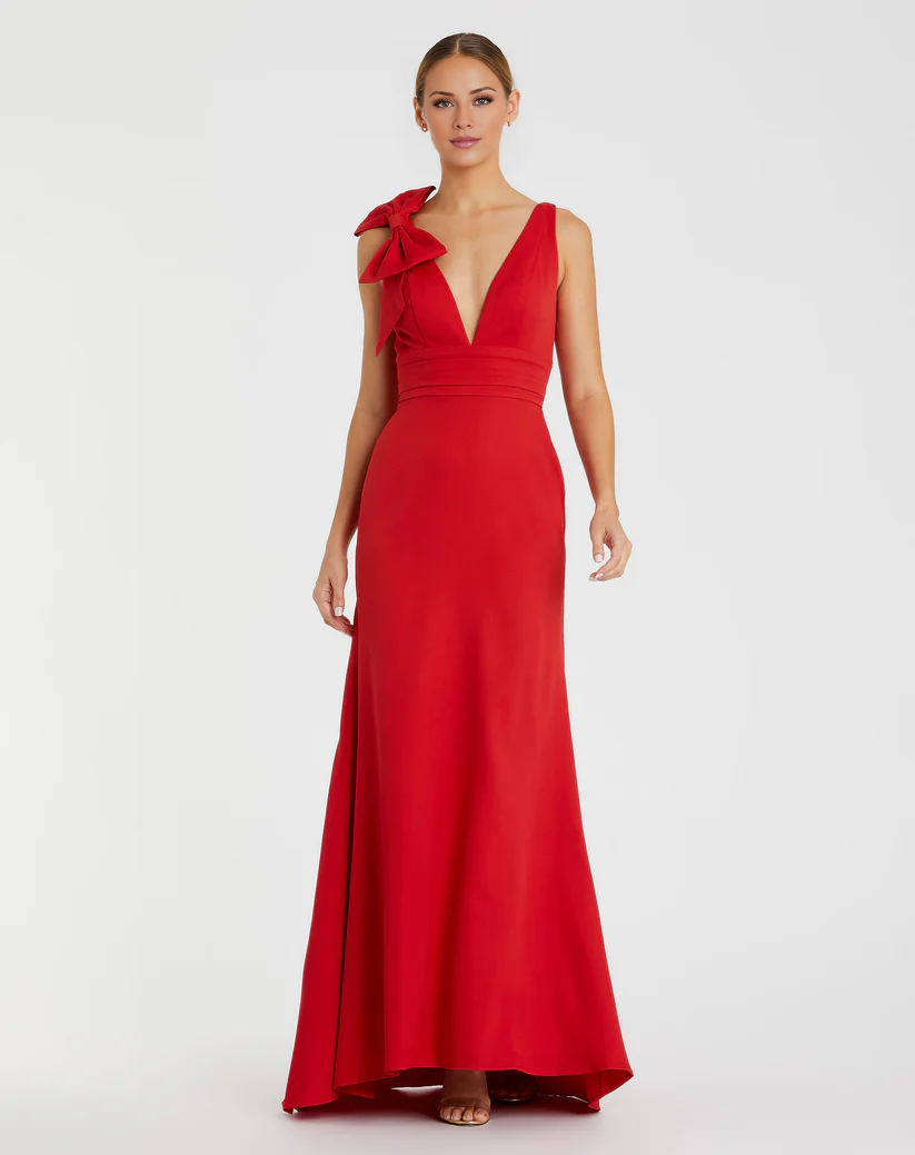 Mermaid sleeveless V-neck bow floor-length evening dress