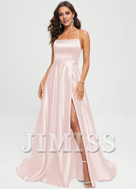 A-shaped square sweeping trailing satin Prom dress