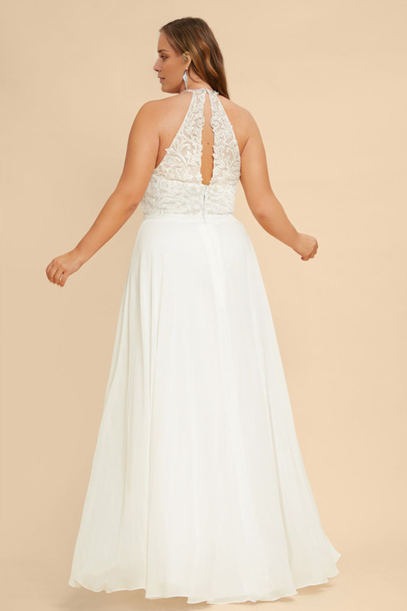 A-line high neck and sleeveless lace chiffon wedding dress