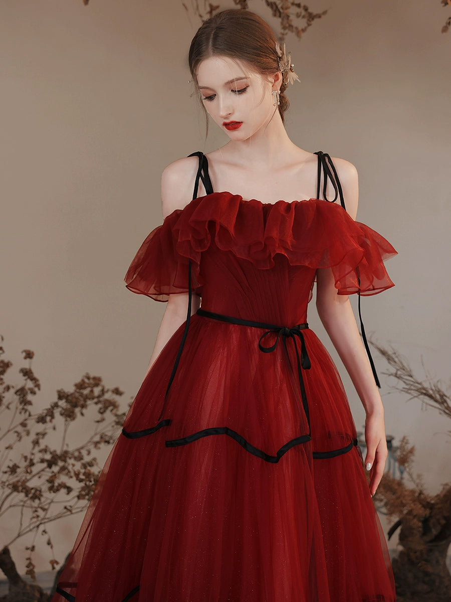 A-Line Off Shoulder Tulle Burgundy Long Prom Dress, Burgundy Formal Dress
